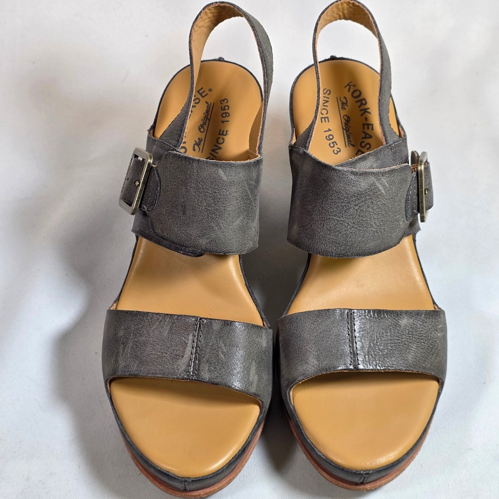 Kork-Ease Grey Leather Platform Slingback Block Heel Sandals Womens 8M